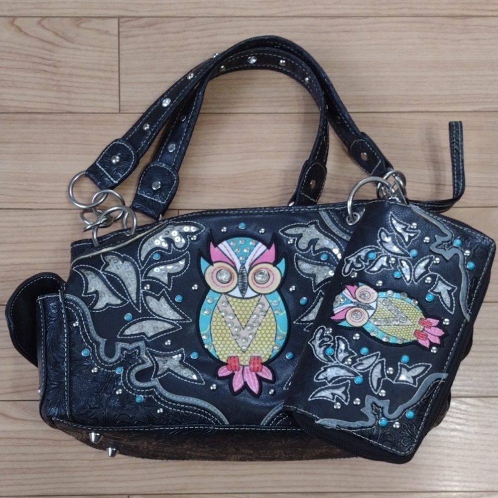 Cowgirl Trendy Black Studded Purse and Wallet Set with Owl Design